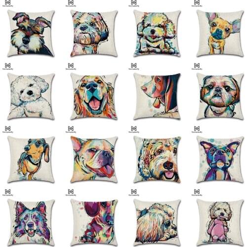 Hand Painted Watercolor Cartoon Lovely Dogs Linen Cushion Cover Sofa Couch Modern Throw Pillows Case Livingroom Kids Room Decor