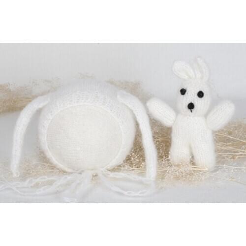 Cute Mini Animal Toy Soft Angora Bunny Hat Knitted Mohair Baby Hat Newborn Bonnet and Toy Set Crochet Rabbit Doll Photo Props
