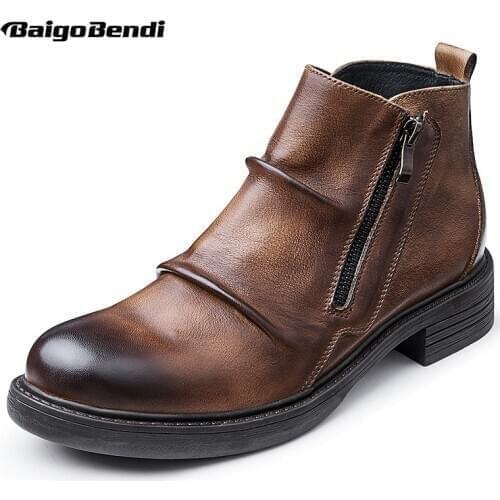 Men Full Grain Leather Moto Boots Chelsea Ankle Soft Short Boots Autumn Casual Shoes For Man