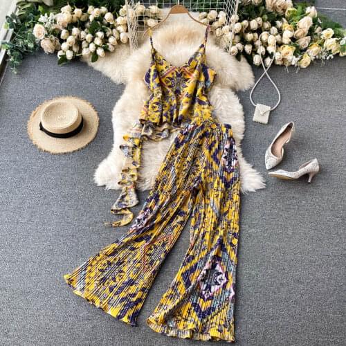 New Women Cotton silk Two Piece Sets Summer Floral Printed V Neck Sexy Shirts and Pants Outfits Woman Beach Suits Clothing