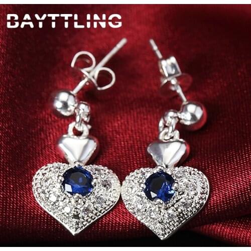 BAYTTLING NEW 20MM 925 Sterling Silver Heart-shaped Blue AAA Zircon Drop Earrings For Woman Fashion Luxury Wedding Gift Jewelry