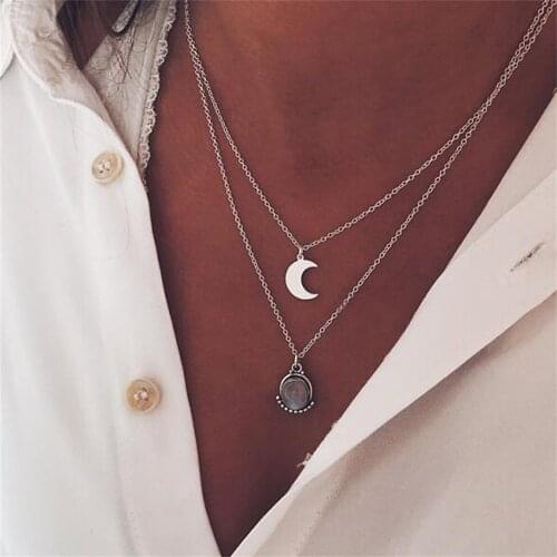 2 Pcs/Set Bohemian Fashion Moon Drop Pendant Double Silver Color Necklace Ladies Charm Party Wedding Jewelry