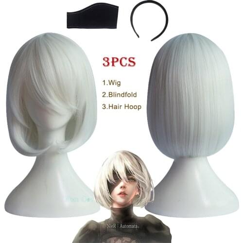 Game NieR: Automata Cosplay Wig YoRHa No.2 Type B 2B YoRH 2A 9S White Short Girl Wig Blindfold Hair Hoop Fiber Hair Free Wig Cap
