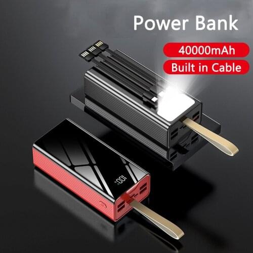 Power Bank 40000mAh Portable Charging Powerbank Built in Cable External Battery Charger Poverbank for iPhone 12 Xiaomi Samsung