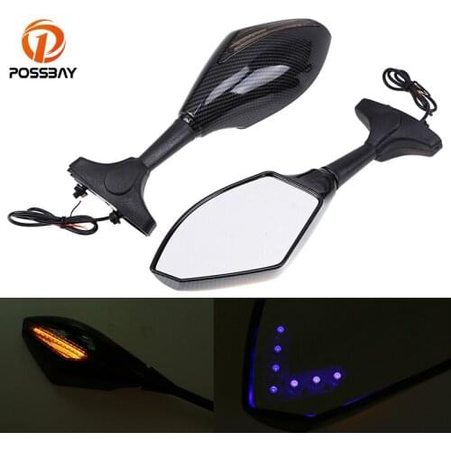 POSSBAY 2pcs Motorcycle Rearview Mirror with LED Amber Turn Signals Light High Quality Mirrors for Honda Kawasaki Suzuki Yamaha