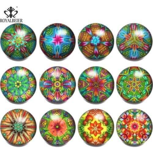 ROYALBEIER 12pcs/lot Mixed Colors Pattern Glass Round Snap Buttons Charms Fit 18/20mm Snap Necklaces Bracelet For Women KZa002