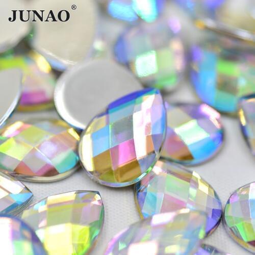 JUNAO 8*13mm 18*25mm Drop Shape Crystal AB Rhinestone Flatback Glue On Acrylic Crystal Stones Non Sewing Scrapbook Beads for DIY