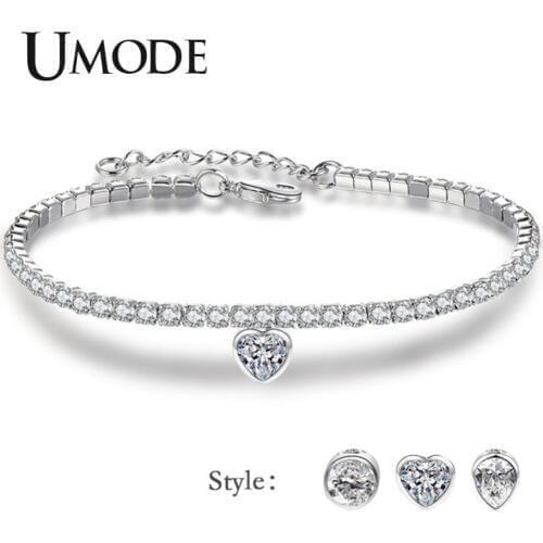 UMODE New Heart CZ Crystal Bracelet for Women White Gold Box Chain Zircons Bracelets Round Water Drop Charm Jewelry AUB0154