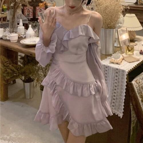 Vintage Y2k Mini Dress Women Long Sleeve Purple Lolita Strap Dress Ruffles One Piece Dress Korean Kawaii Clothing 2021 Autumn