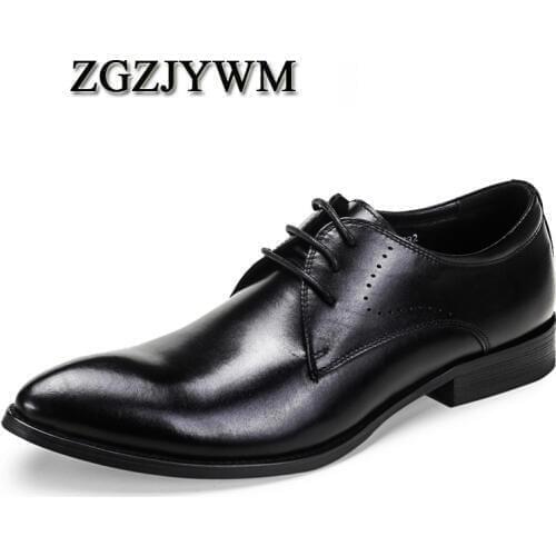 ZGZJYWM New Mens Business Lace-Up Black/Wine Red Pointed Toe Formal Solid Dress Genuine Leather Wedding Oxfords Office Shoes