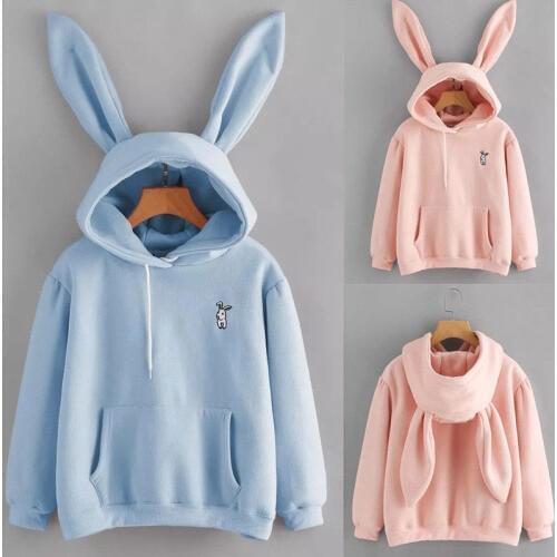 Autumn Winter Cartoon Rabbit Ear Long Sleeve Hoodies Women Girls Hooded Sweatshirts Pullover Coat Female Lovely Bunny Hoodies