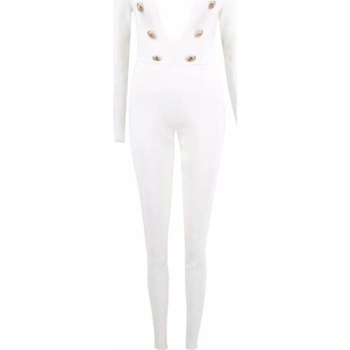 Snow White Button Long Sleeve Sexy V neck Womens Spring Bandage Playsuits Long Jumpsuits Rompers New Wholesale Dropship
