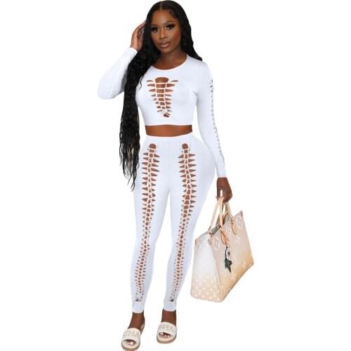 Two Piece Sets Women Solid Autumn Tracksuits High Waist Stretchy Sportswear Hot Hollow Crop Tops And Leggings Matching Outfits
