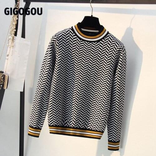 New High Quality Striped Autumn Winter Women Sweater Thick Jacquard Knitted Pullover and Sweater Fashion Casual Femme Jumper
