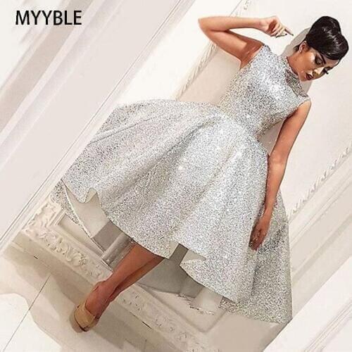 Fashion High Neck Short Prom Dresses 2020 Silver Sleeveless Knee Length Ball Gown Knee Length Formal Party Gown vestido de gala