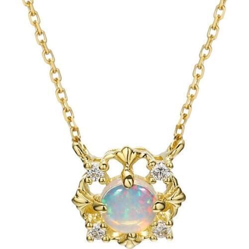 Natural opal 925 sterling silver necklaces for women vintage Hollow Pattern pendant necklaces Chain bridal jewelry Accessories