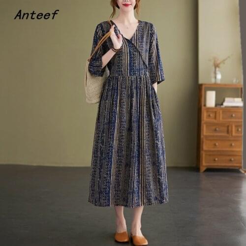 Short sleeve cotton linen vintage floral dresses for women casual loose long woman summer dress elegant clothes 2021