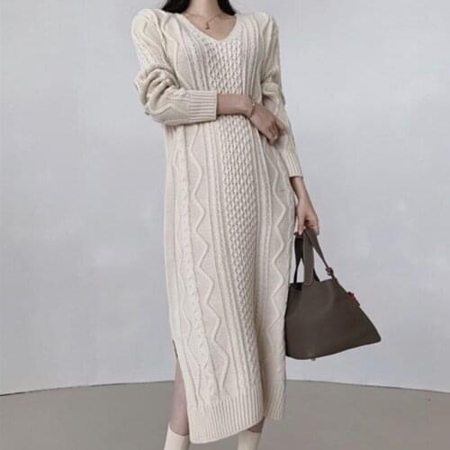 Women Korean V-neck Twist Pattern Over The Knee Knit Large Size Dress Autumn New Thicken Loose Side Slits Sweater Dress Vestido