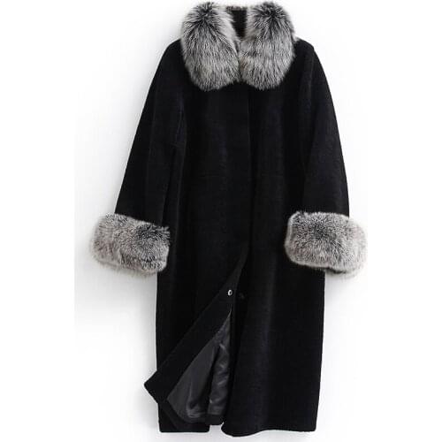 Women Winter Sheep Shearling Coat Natural Fox Collar Long Warm Real Fur Coats Genuine Wool Jackets R17F32279B