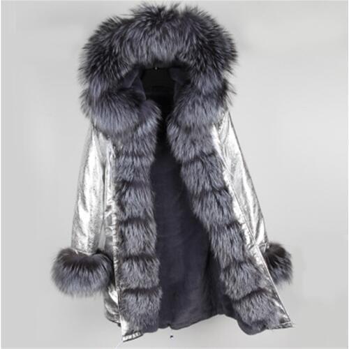 Winter silver coat jacket women outwear thick parkas natural real silver fox fur collar Grey natural fur coat hooded pelliccia