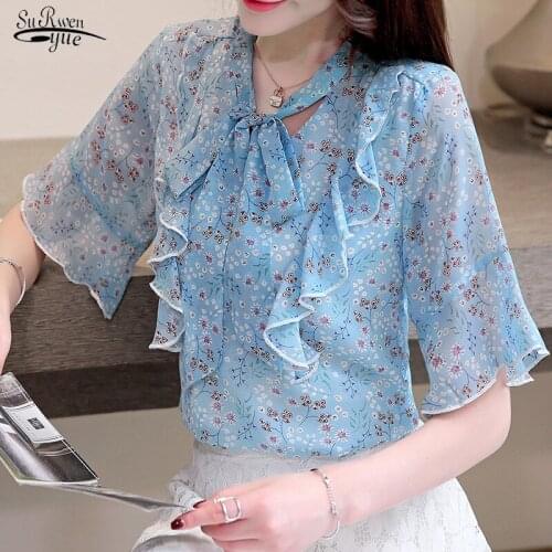 2021 Off Shoulder Top Harajuku Shirts Fashion Women Blouse Elegant Chiffon Blouse Floral Blouse Bow Floral Ladies Tops 3633 50