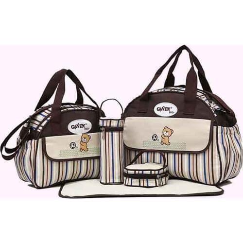 Hot Stripe Cartoon Bear Nappy Diaper Bag 5 Pieces Maternity Messenger Bag Multifunctional Large Capacity Baby Bag For Mom Travel