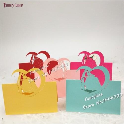 50 Pcs Wedding Laser Cut Bridegroom& Bride Party Favor Decor Place Cards pearl Gold Blue Red paperWedding Table Name Cards