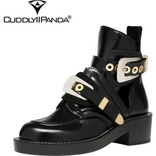 CuddlyIIPanda New British Style Locomotive Boots Metal Buckle Women Boots Motorcycle Boots Fashion Design Ankle Boots