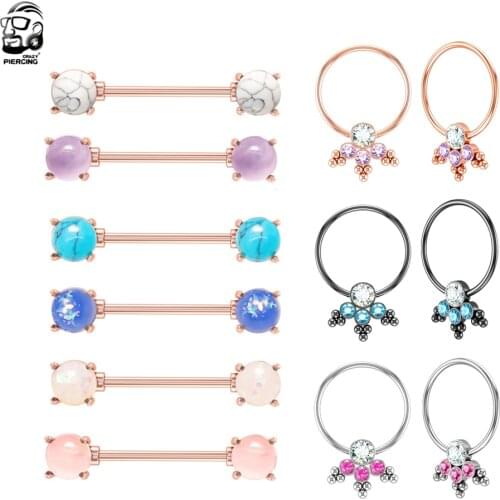 2X 2020 New Flower Nipple Ring Tongue Ring Stone Opal Nipple Piercing Shield Women Surgical Steel Barbells Straight Bar Jewelry
