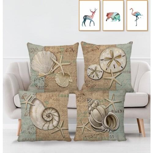 Retro Style Series Cushion Cover Art Conch Starfish Logo Linen Pillowcase Cojines Decorativos Para Sofa Pillow Cover Home Decor