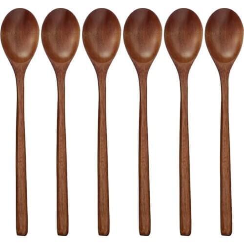 Wooden Spoons, 6 Pieces Wood Soup Spoons for Eating Mixing Stirring, Long Handle Spoon Kitchen Utensil-ABUX