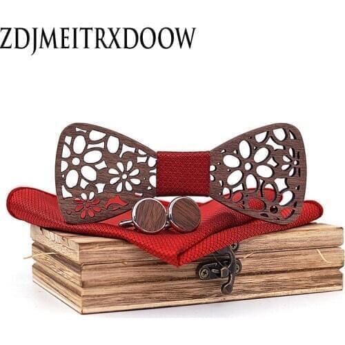 Wood Bow tie Handkerchief Cufflinks Set for Men Gift Wooden Bow Tie Wine Red Wedding Party Ties Pocket Square Hanky Cravat