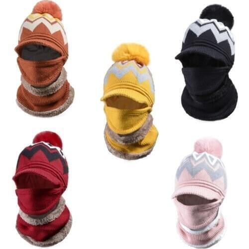 Women 3 In 1 Winter Visor Beanie Hat Circle Scarf Face Mask Set Knitted Plush Lining Windproof Pompom Skull Cap Warmer