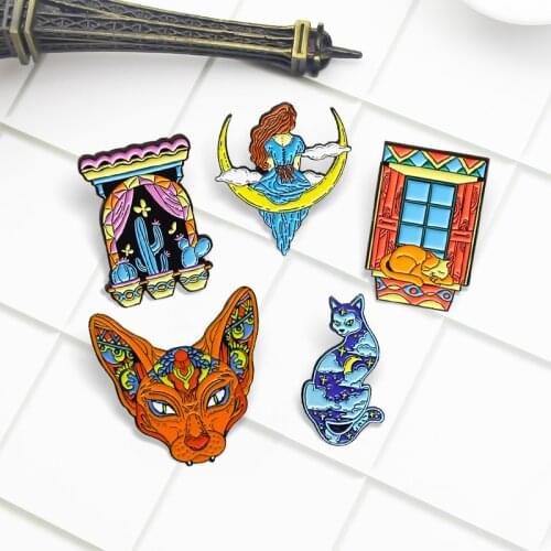 Hairless Cat Starry Sky Enamel Pin Star Moon Night Sky Windowsill Cat Cactus Custom Brooches Lapel Badges Jewelry Gift Spille