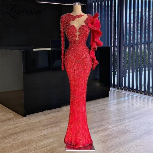Lowime Elegant Beaded Red Evening Dresses Robes De Soirée Mermaid Long Middle East Party Dress 2021 Plus Size Custom Made Wear