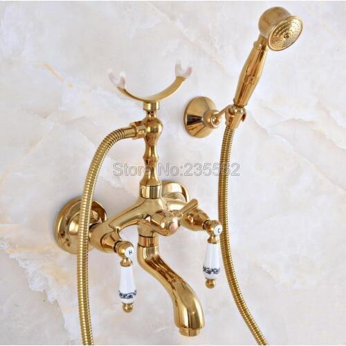 Wall Mounted Gold Color Brass Clawfoot Bathtub Faucet telephone style Bath Shower Water Mixer tap with Handshower lna963