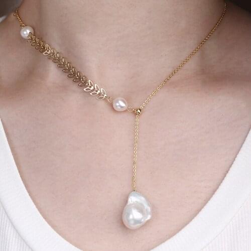 New Fashion Vintage Natural Baroque Pearl Necklace Gold Color Wheat Spike Adjustable Chain Necklace Women Pendant Jewelry Gift