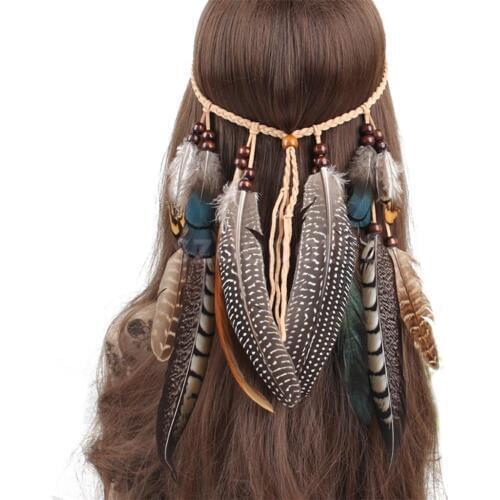 Hippie Indian Feather Shape Headband Boho Weave Feathers Hair Rope Headdress