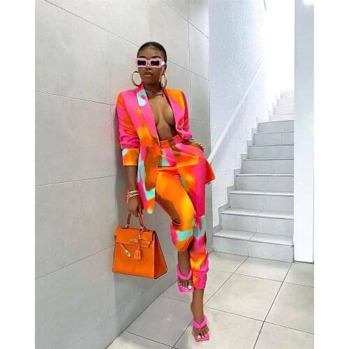 RMSFE 2021 Spring And Autumn Womens Long Sleeve Suit Collar Fashion Leisure Printing Temperament Commuter Two Piece Set