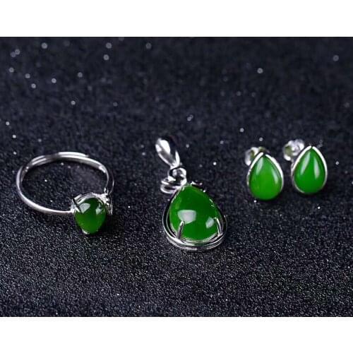 Hetian Biyu Silver set three-piece set Jasper drop set j15