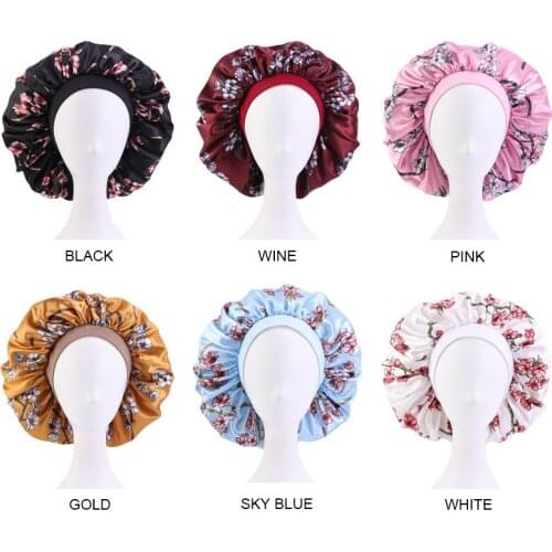 Wide Brim Elastic Band Night Sleep Caps Womens Satin Printed Hair Care Hats Fashion Soft Smooth Beauty Bonnets