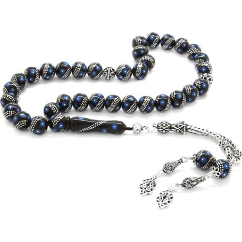 Tesbihane 925 Sterling Silver Double Tassels Silver-Turquoise Embroidered Erzurum Oltu stone Rosary