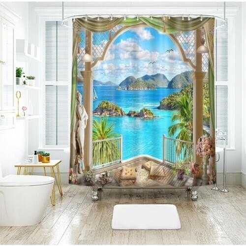 Sea View Pattern Shower Curtains Sunset Glow Outside the Window Bathroom Curtain Waterproof Bath Accessories Polyester Fabric