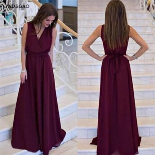 Wine Red In Stock Evening Dresses A-Line Long Party Dress V Neck Chiffon Floor Length Bow Evening Dress Plus Size