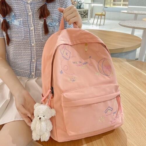 DCIMOR New Kawaii Cartoon Embroidery Waterproof Nylon Women Backpack Female Cute Student Back Bag Teenage Girl Simple Schoolbag