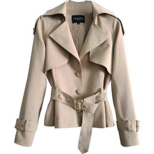 Black khaki Women Jacket 2020 Spring Autumn New Slim Turn down collar Belt Short Outerwear Plus size Solid Casual Female Coat