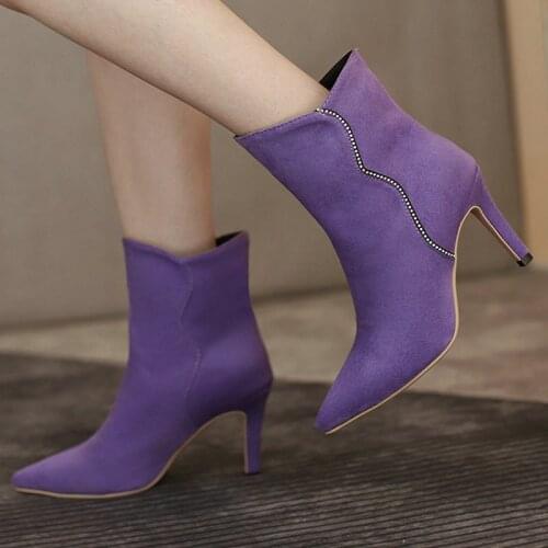 2021 Autumn Women Shoes Fashion Rhinestone Pointed Toe Booties Sexy Thin High Heels Lady Leather Velvet Winter Warm Ankle Boots