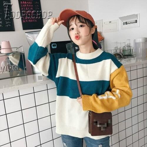 2019 Harajuku Alphabet Stripe Patchwork Women Sweater Korean Young Lady Popular Female Sweaters