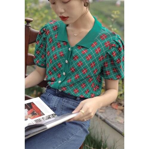 Elegant Green Square Grid Knitted Women Cardigan Pearl Butons Single Breasted Short Puff Sleeve Polo Neck Female Summer Sweater