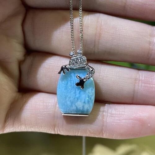 High Quality 925 Sterling Silver Natural Dominica Larimar Frog Pendant Necklace For Women Gift